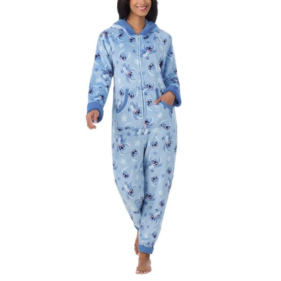 Disney Women's Stitch One-Piece Pajama Hooded Fleece Small Blue N0461 - Picture 1 of 9